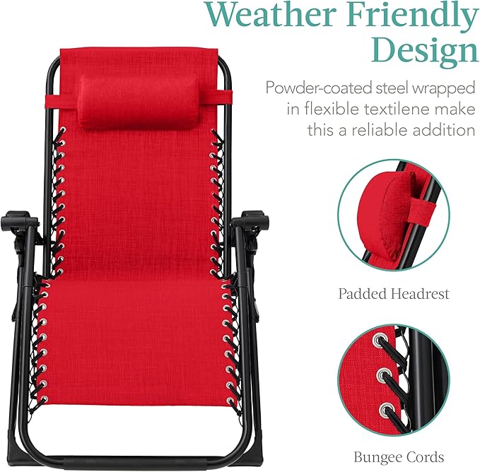 Best Choice Products Oversized Zero Gravity Chair, Folding Outdoor Patio Recliner, XL Anti Gravity Lounger w/Removable Cushion, Cup Holder, Side Tray, 350lb Capacity - Crimson Red