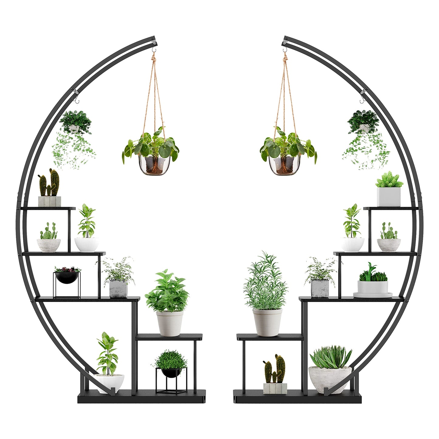 5 Tier Metal Plant Stand Indoor, 67.25“ Tall Half Moon Shape Multiple Stand Holder Shelf Planter Display, Hanging Shelf Flower Stand Ladder for Patio Garden Living Room, Black Set of 2