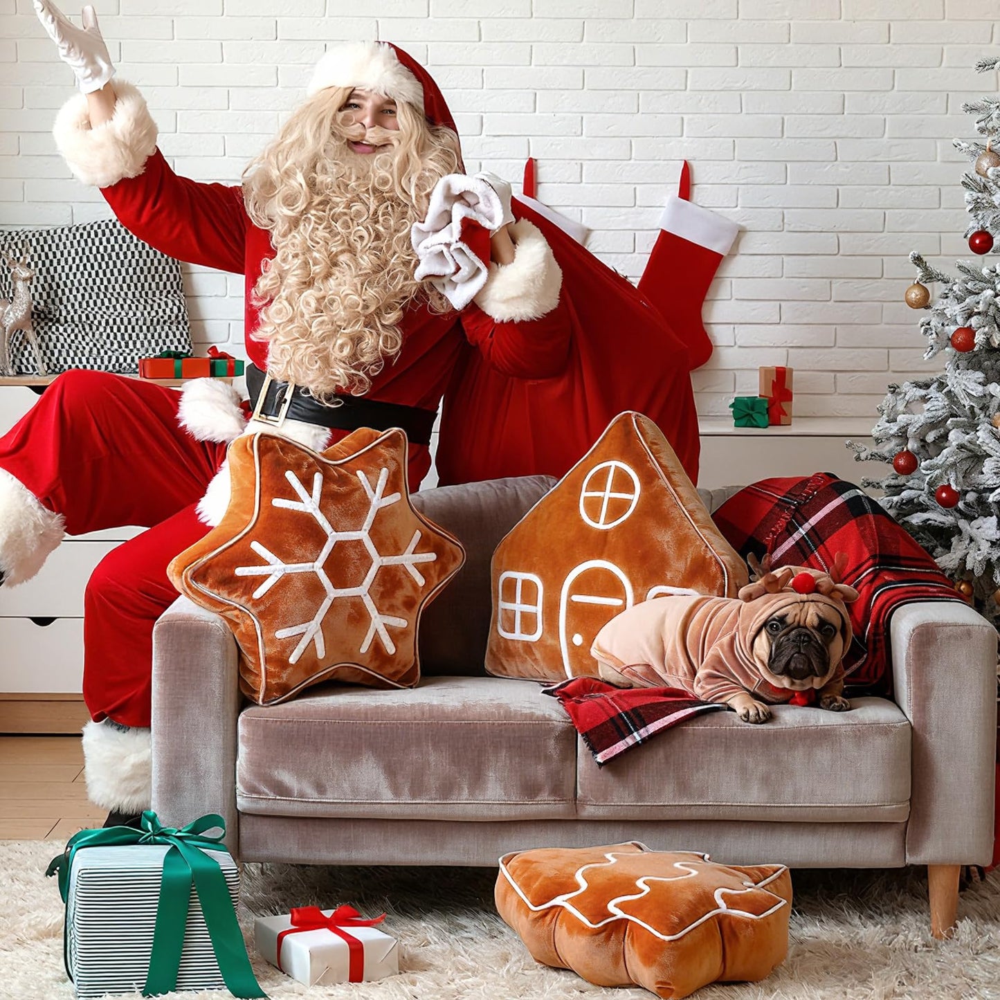 Amyhill 3 Pcs Christmas Velvet Throw Pillows Xmas Tree Gingerbread Man House Snowflake Pillows Embroidered Design Stuffed Christmas Decoration for Home Sofa Bed Couch Party