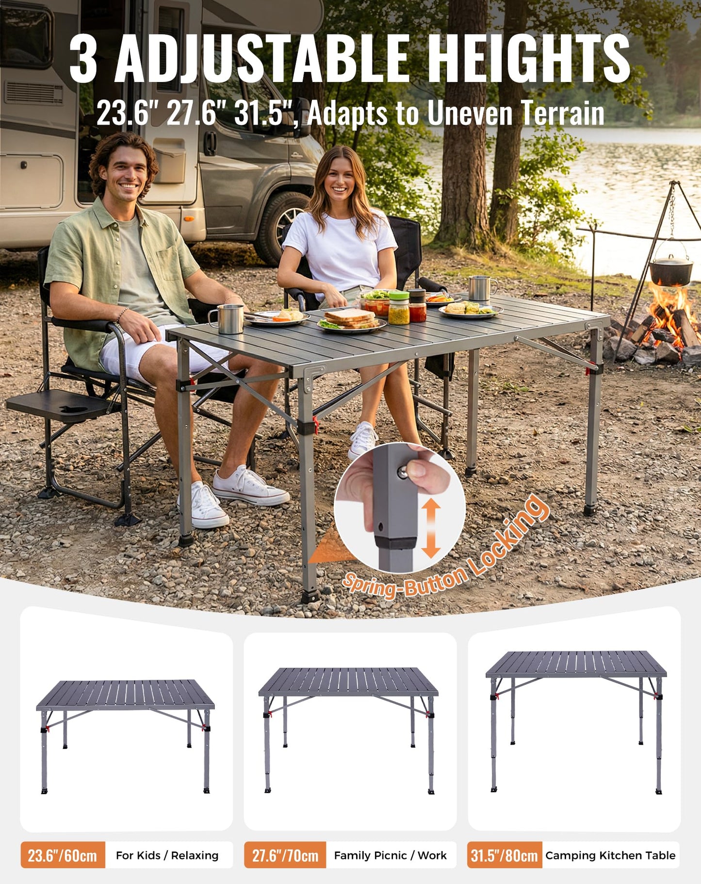 KingCamp Folding Camping Table Foldable Loads 265 Lbs, 42.1"× 27.6" Portable Table 3 Adjustable Height Aluminum Roll Up Camp Table with Carry Bag for Camping Picnic BBQ Backyard, Indoor & Outdoor