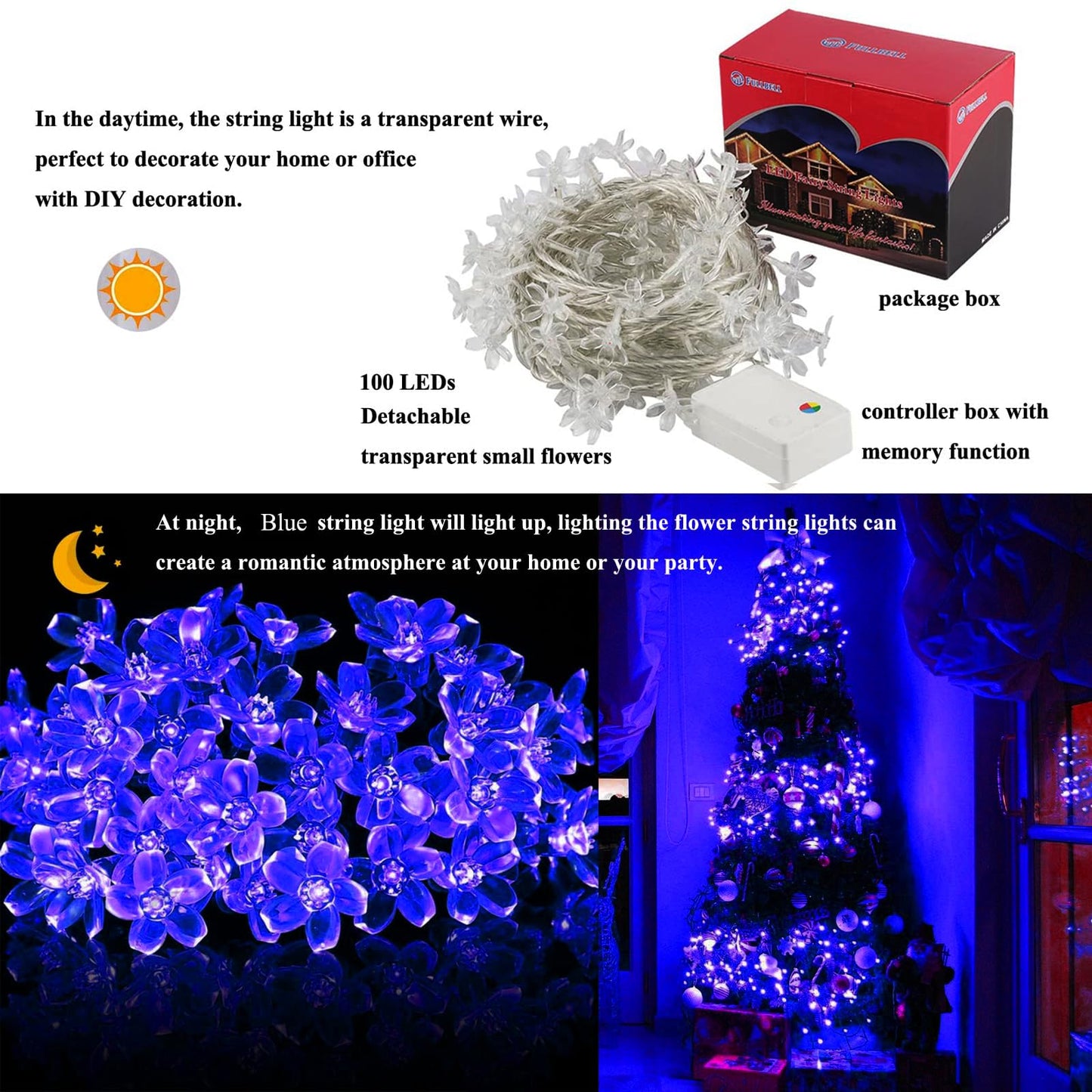Blue Flower String Lights Indoor Outdoor Decorations, 33ft Connectable Clear Wire 100 LED Cherry Blossom Fairy Light with 8Mode & Memory for Christmas Easter Birthday Wedding Party Bedroom Décor