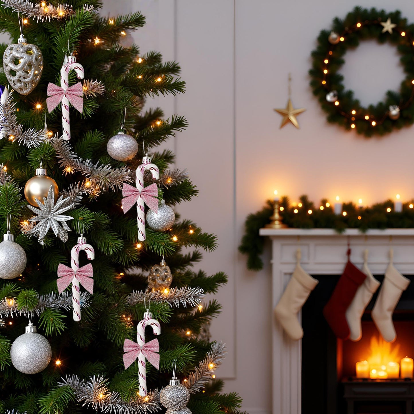 HERZWILD 12Pcs Christmas Glitter Candy Cane with Bow Pink Plastic Candy Cane Decoration Christmas Tree Hanging Ornament for Holiday Party Decoration Favor(Pink Bow)