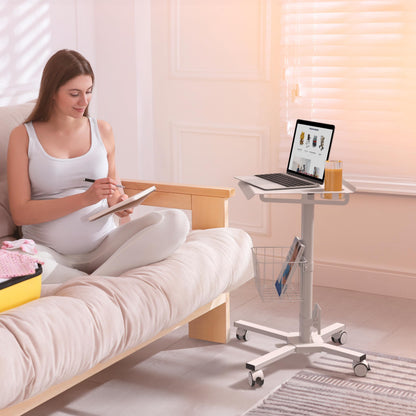 ONKRON Mobile Laptop Cart on Wheels, Load up to 17.6 lbs, Standing Rolling Desk Adjustable Height, Portable Workstation for Laptop/Small Computer Cart for Couch, Home, Office White