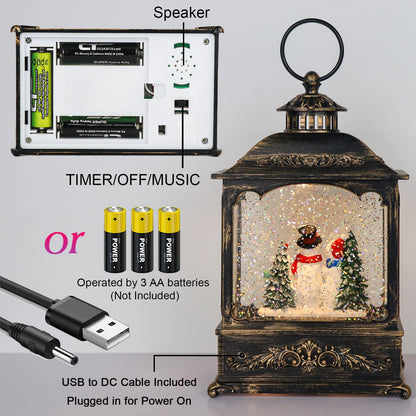GenSwin Musical Snowman Snow Globe Lantern with 6 Hour Timer, Battery Operated & USB Powered Singing Spinning Water Glittering Snow Globe Lantern Christmas Home Decoration Gift(9.6”,3 AA)
