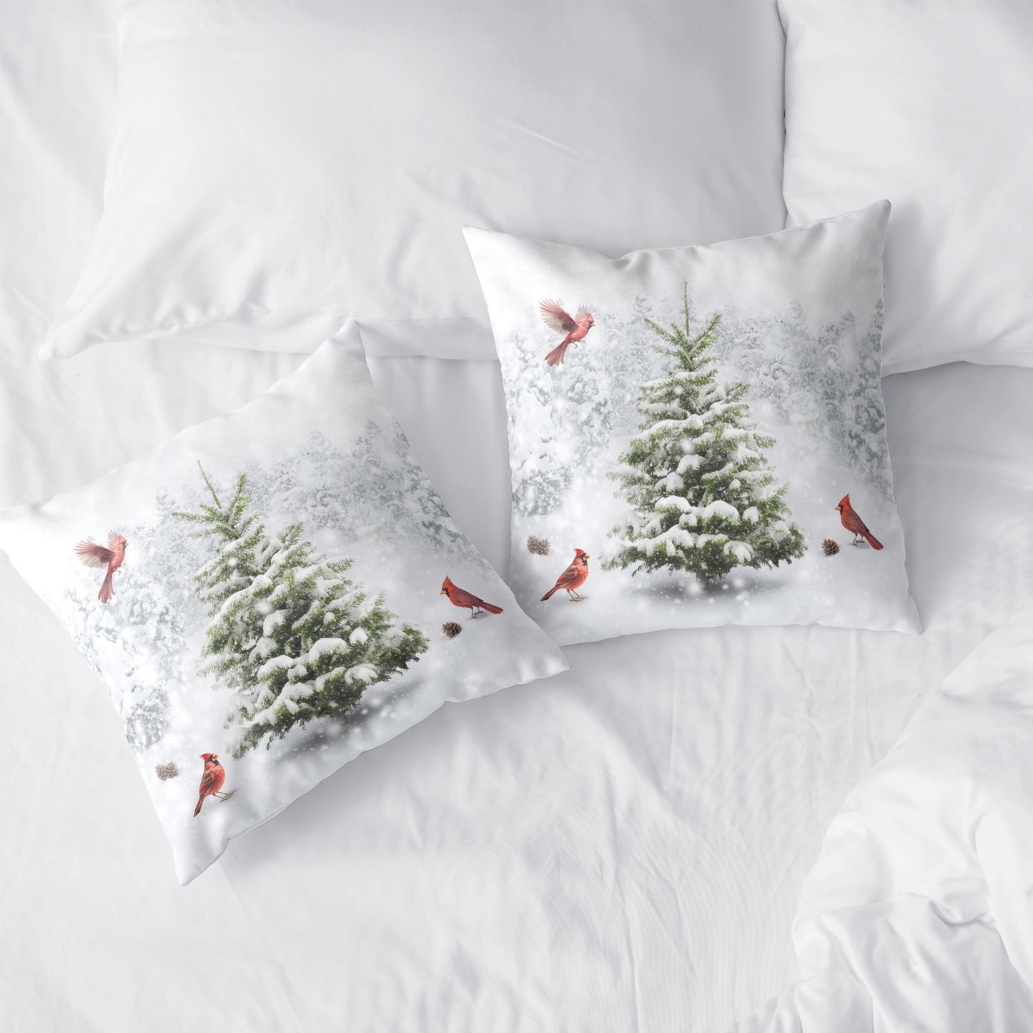 Kwlegh Winter Throw Pillow Covers 18X18 Snowy Natural Forest Decorative Pillow Case Set of 2 Green Pine Tree with Cardinal Birds Cushion Case for Couch Living Room Patio