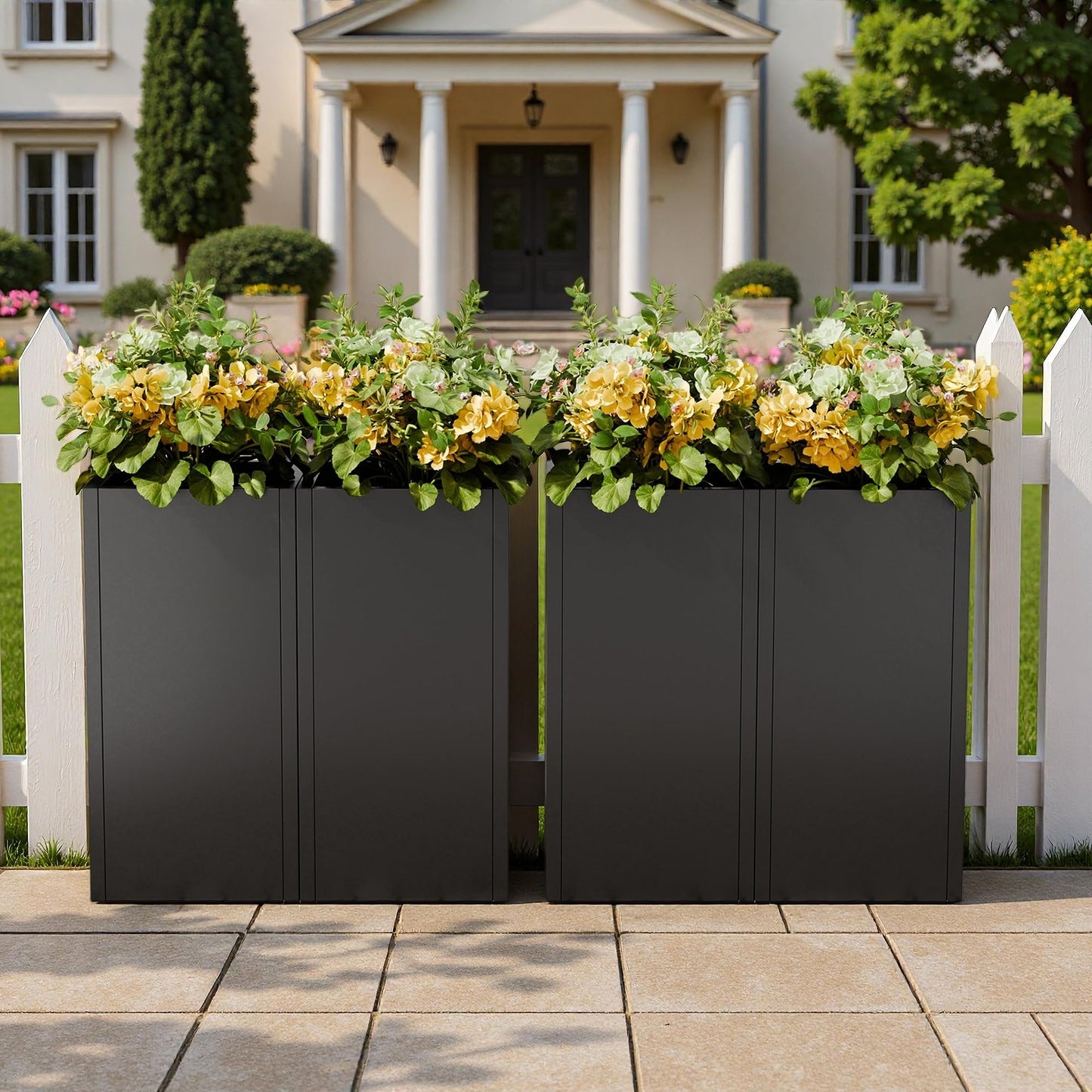 Diyfire Black Tall Metal Planters Box for Outdoor Plants 4 Pack- 23.6" H Steel Tall Square Planter with Removable Insert Shelf, Modern Heavy Duty Pedestal Planter Front Porch Decor Patio Garden