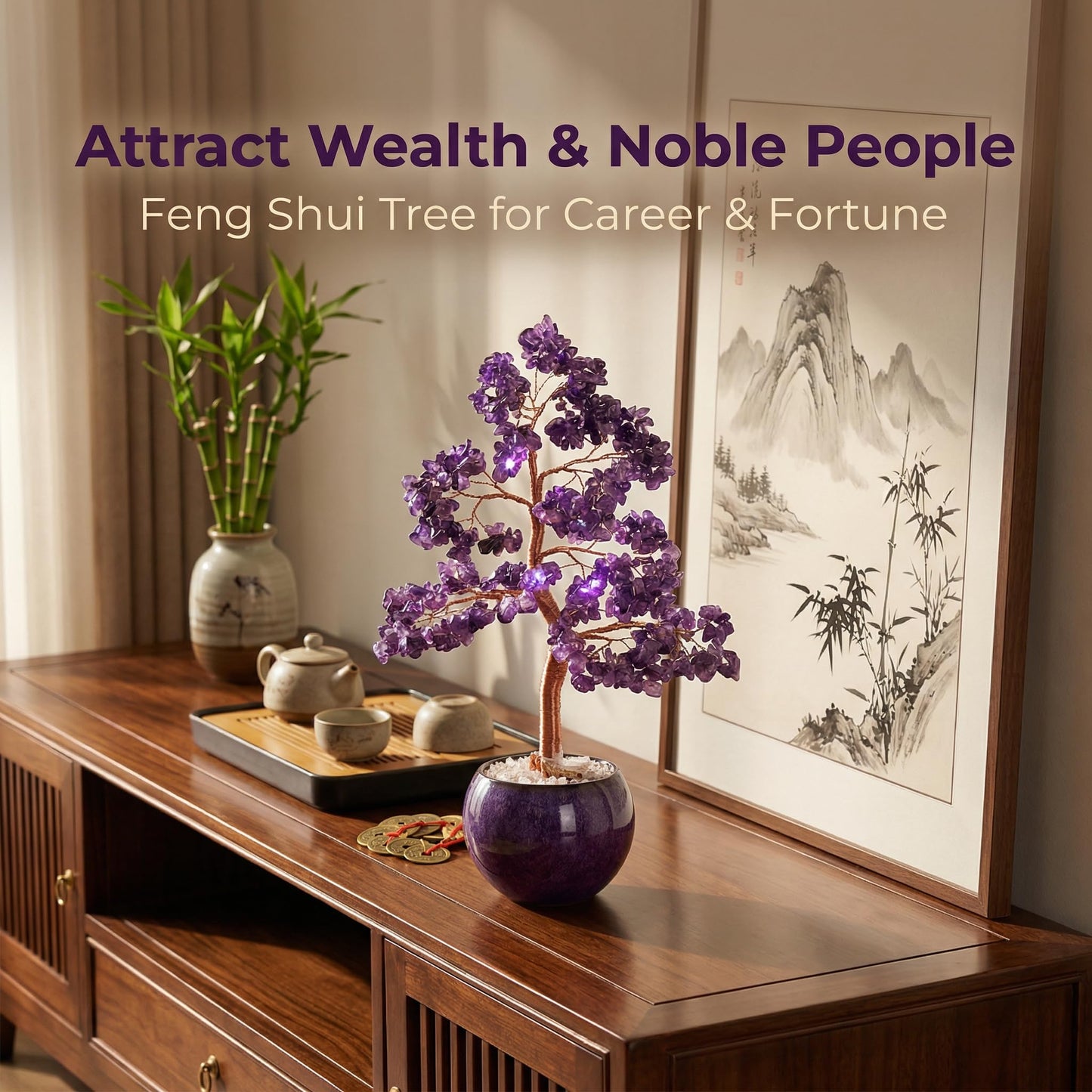 Fatonio Purple Amethyst Crystal Tree, Handmade Feng Shui Crystal Tree with Ceramic Pot Healing Crystal Tree Decor for Home Office Unique Gifts for Women Mom Birthday Christmas (Purple Base)