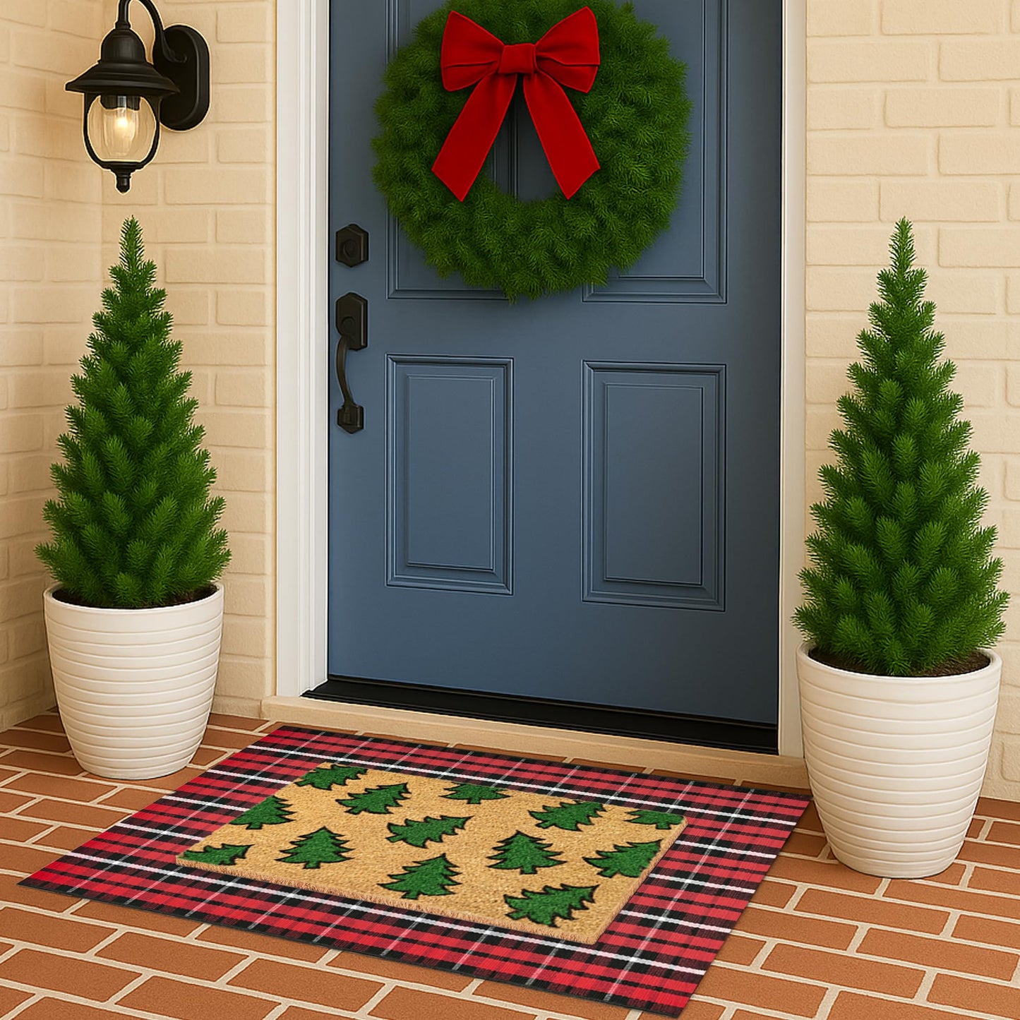 Christmas Door Mat Set 2-Piece, 17"x30" Coir Welcome Mat with Green Tree Pattern and 28"x43" Red Black White Check Rug, Layered Front Porch Combo for Holiday Entryway Outdoor Decor