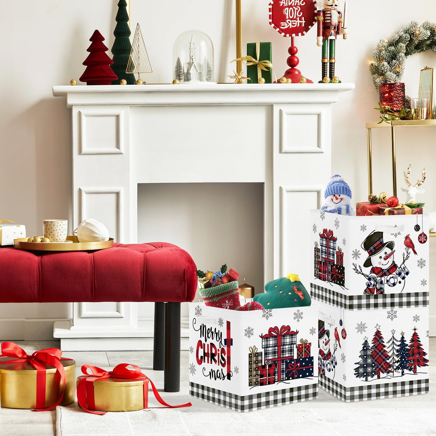 Clastyle 3 Pcs Large Christmas Tree Storage Basket Set Santa Claus Candy Snowman Book Toy Basket Snowflake Xmas Gift Storage Bins Boxes for Laundry Nursery Home,Red Black Snowman,11.8x11.8x11.8 in
