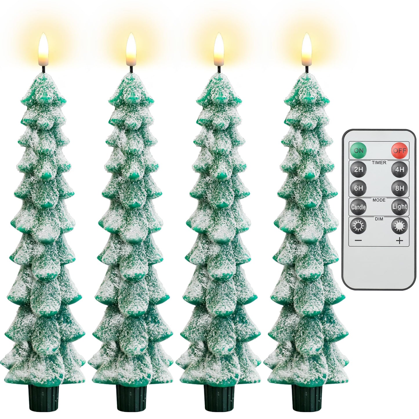 4 PCS Christmas Tree Candles with Remote Timer 10 Inch LED Flameless Taper Candles Wax Battery Operated Candlesticks Green Window Candle with 3D Wick Flickering for Xmas Holiday Gifts Party Home Decor