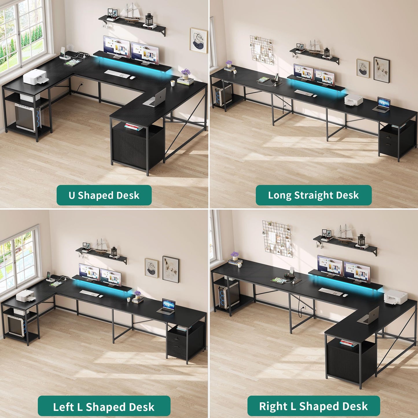 YITAHOME U Shaped Desk with Power Outlets & LED Lights, 79" Reversible L Shaped Desk with Drawers, Corner Computer Desk Office Desk with Monitor Stand & Storage Shelves, Black