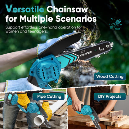 8000mAh Mini Chainsaw Cordless 6 Inch, 2025 Powerful Electric Battery Life of 80-100 Minutes Chainsaw with 2 Chain and Guide Bar,Security Lock, Wood/Tree Saw for Garden Tree Trimming