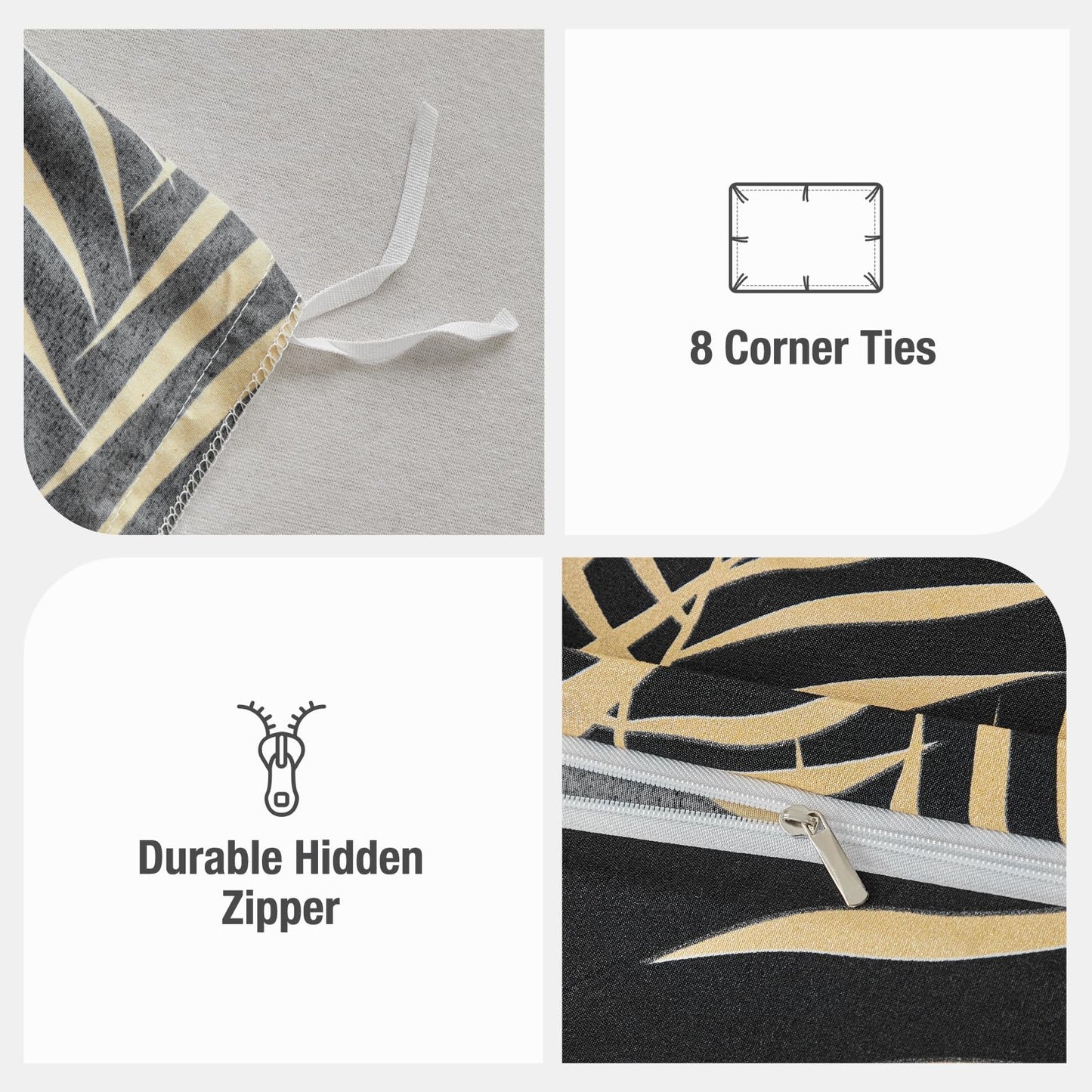 Lekesky King Duvet Cover Set, Black and Gold Tropical Palm Leaf Pattern Comforter Cover King Size, 3 Pieces Soft Microfiber Bedding Sets with Zipper & 2 Pillowcases, Comforter Not Included