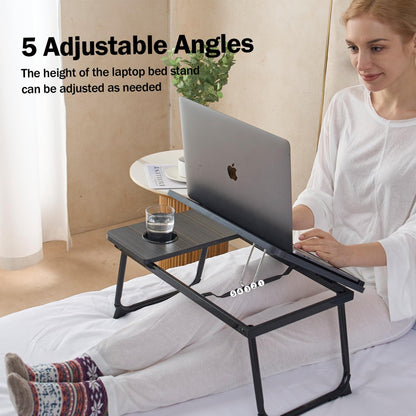 Laptop Bed Table, Laptop Bed Desk with Foldable Legs & Cup Slot, Adjustable Trays, Reading Book Holder Notebook Stand Laptop Tray for Bed, Sofa,Terrace,Carpet, Black