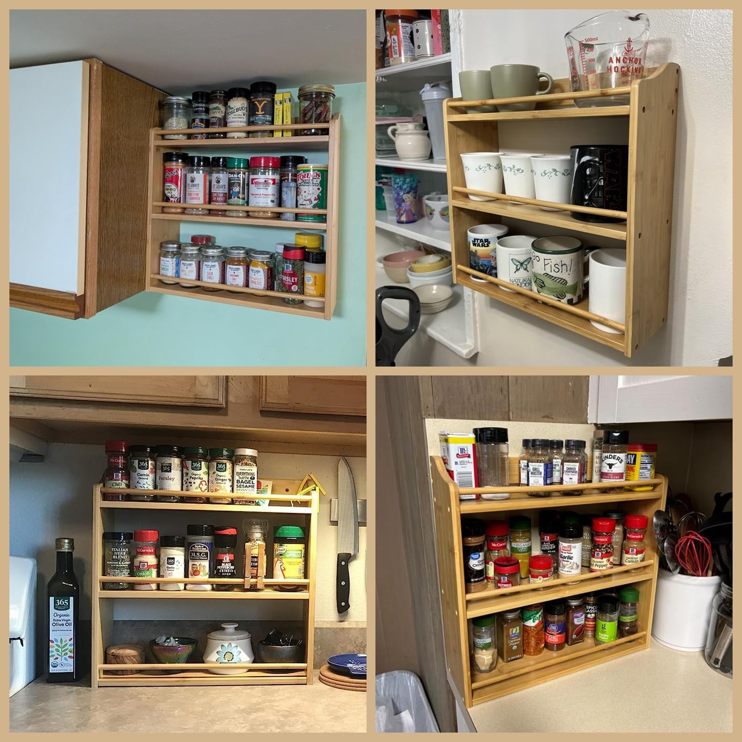 FoverOne 3 Tier Bamboo Spice Rack, Seasoning Jars Rack Shelf Spice Organizer for Kitchen Counter or Wall Mounting