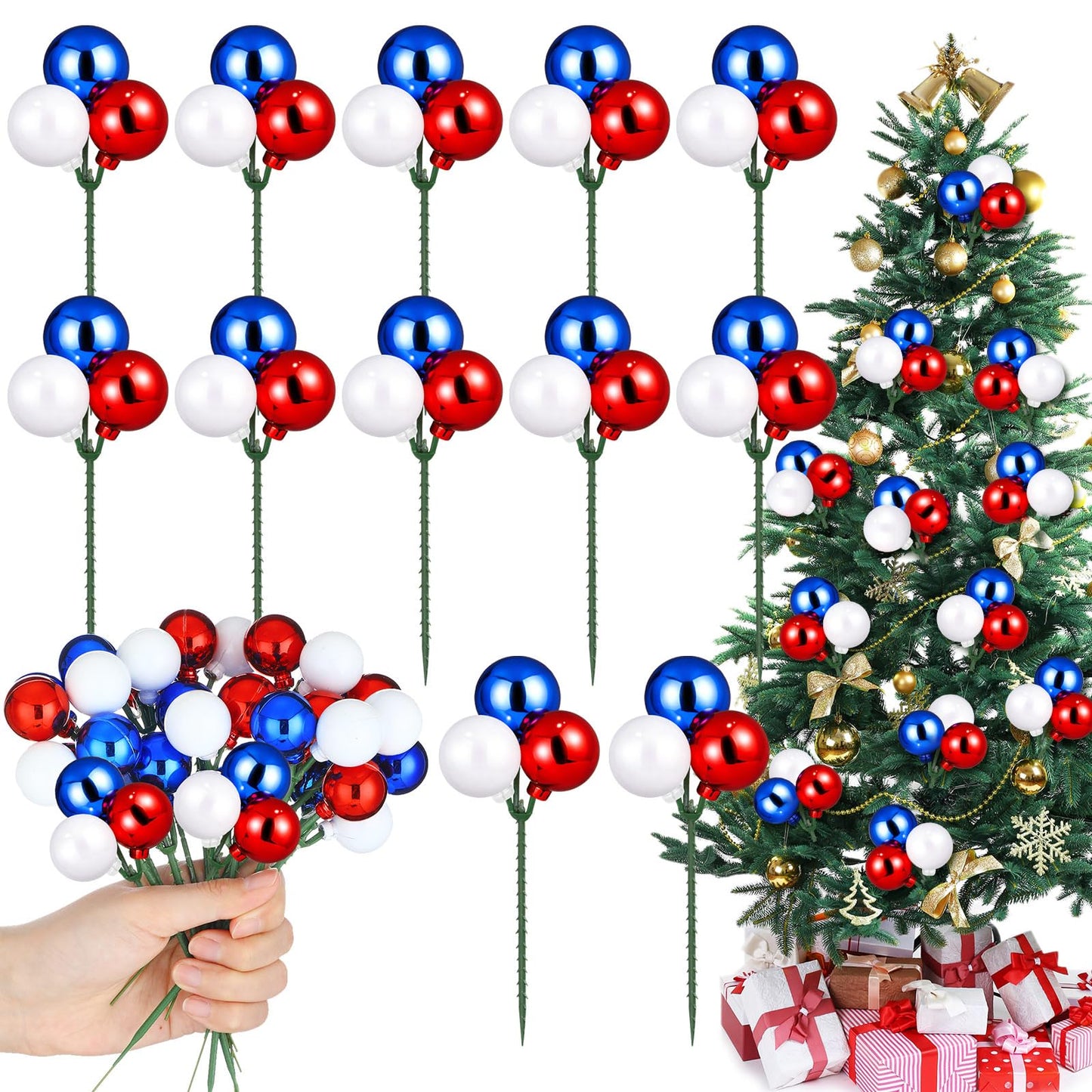 Syhood 12 Set 4th of July Red White and Blue Ball Picks Patriotic Tree Decoration 7.9 Inch 250th Anniversary Glitter Ball Ornaments on Wired Picks and Sprays for Independence Day Tree Wreath Vase DIY