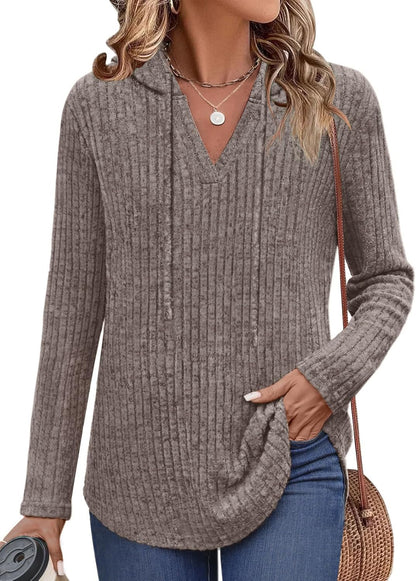 Lylinan Womens Cozy Knit Sweaters Hoodies Ribbed V Neck Pullover Sweatshirts for Fall Outfits S-XXL