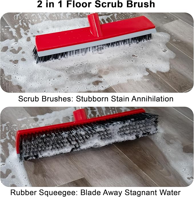 15.7 Inch Floor Scrub Brush Removable Stainless Steel Handle 2 in 1 Scrape