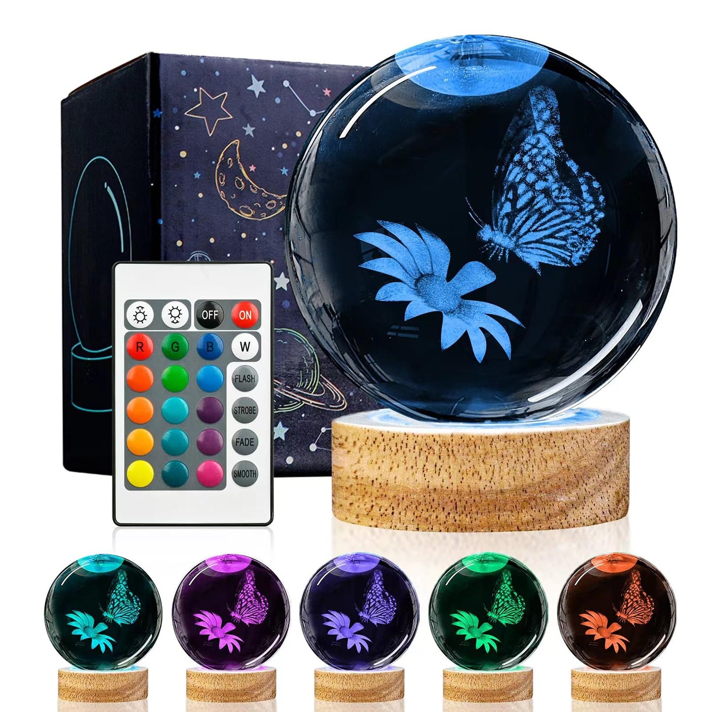 Huntalg 3D Butterfly Crystal Ball Night Light with 16 Colors and 4 Modes, Upgraded K9 Crystal, 3.15 Inch Butterfly and Flower Figurines, Remote Control, Gift Box
