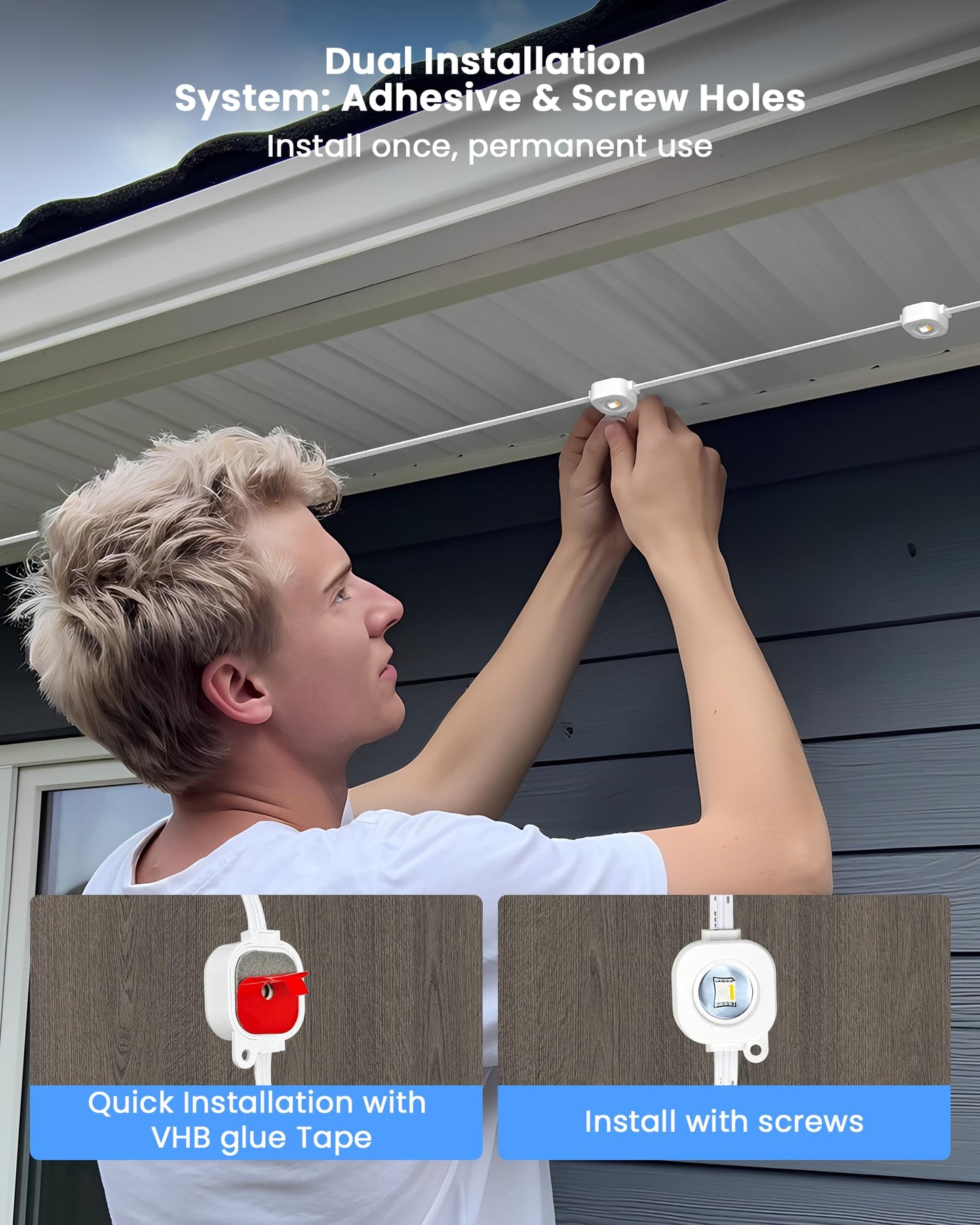 Gefolly Permanent Outdoor Lights Pro, 150ft with 90 RGBW Double-LED Lights 111 Scene Modes for Daily, Halloween, Christmas, IP67 Waterproof for Outdoor Decor, Works with Alexa, Google Assistant, White