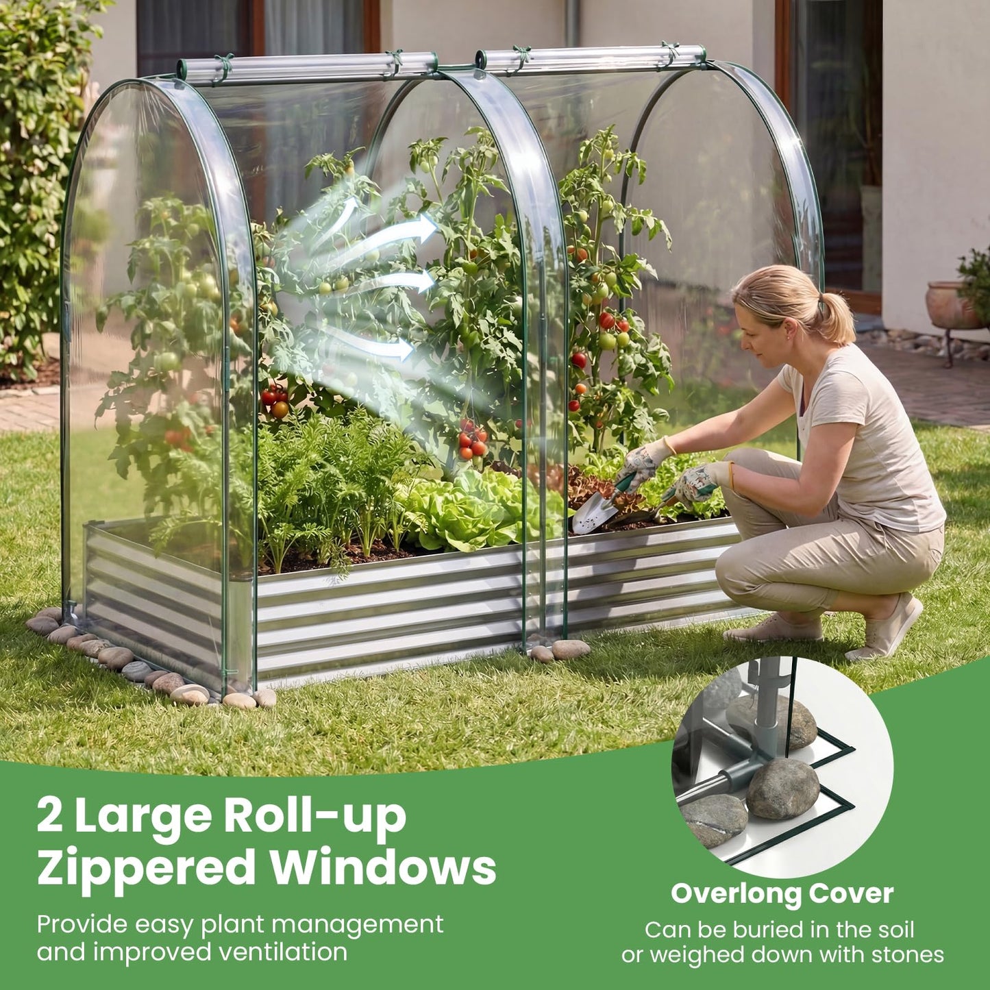 Giantex Galvanized Raised Garden Bed with Greenhouse Cover, 6x3x1 FT Outdoor Metal Oval Tall Planter Box with 2 Roll-up Windows, Clear PVC Mini Greenhouse for Vegetables Flowers Herbs Patio (Silver)