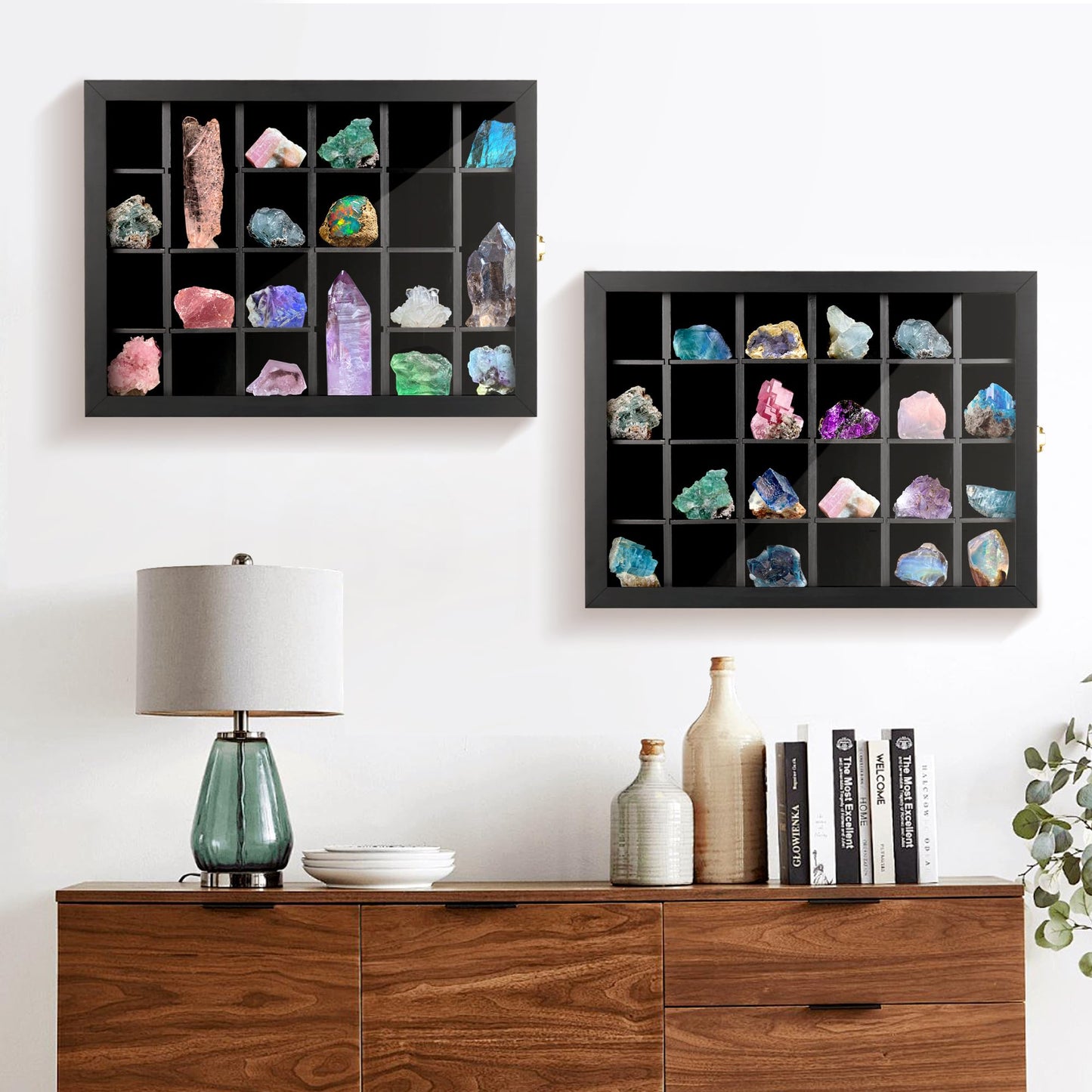 Adjustable Rock Display Case Wall Mounted, Crystal Collection Box with Shelves, Wooden Rock Collection Box for Kid and Collectibles