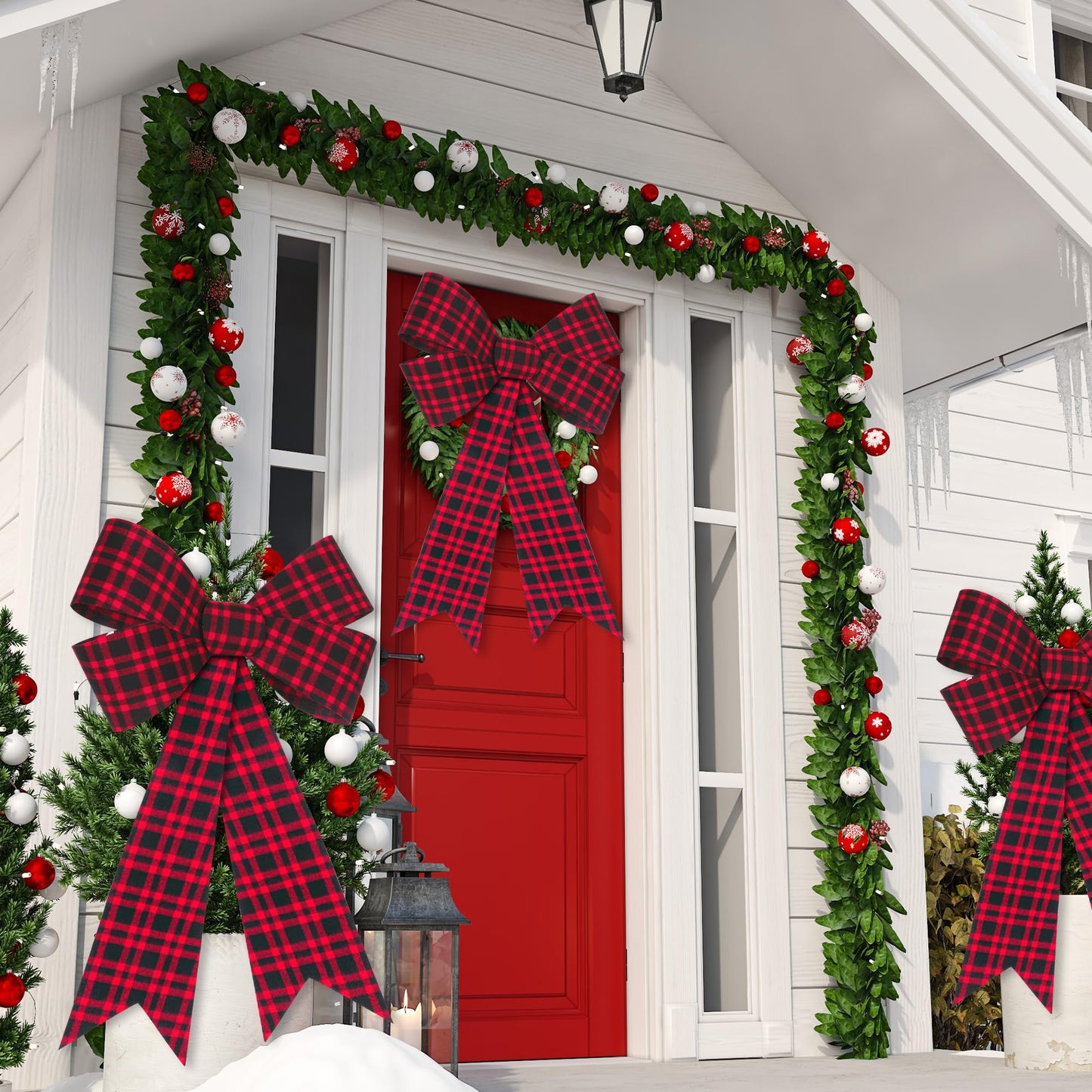 1 PCS Christmas Bows, 16x24 In Large Christmas Tree Bows, Velvet Black Red Xmas Bows for Buffalo Plaid Christmas Tree Decorations Plastic Xmas Home Party Decor Supplies for Fence Railing Stairs Door
