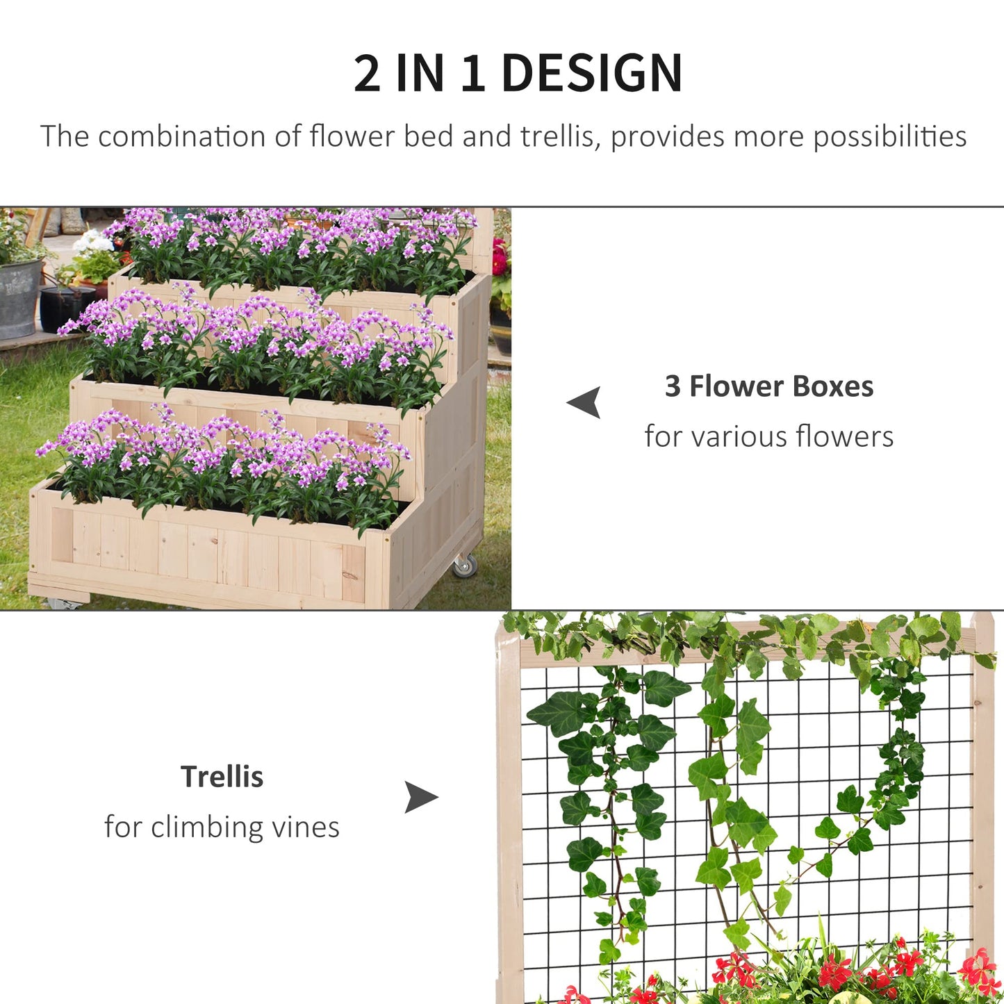 Outsunny 3-Tiers Raised Garden Bed with Trellis, 53" H Vertical Planter Box with Wheels & Back Storage Area, for Flowers, Vegetables, Herbs, Natural