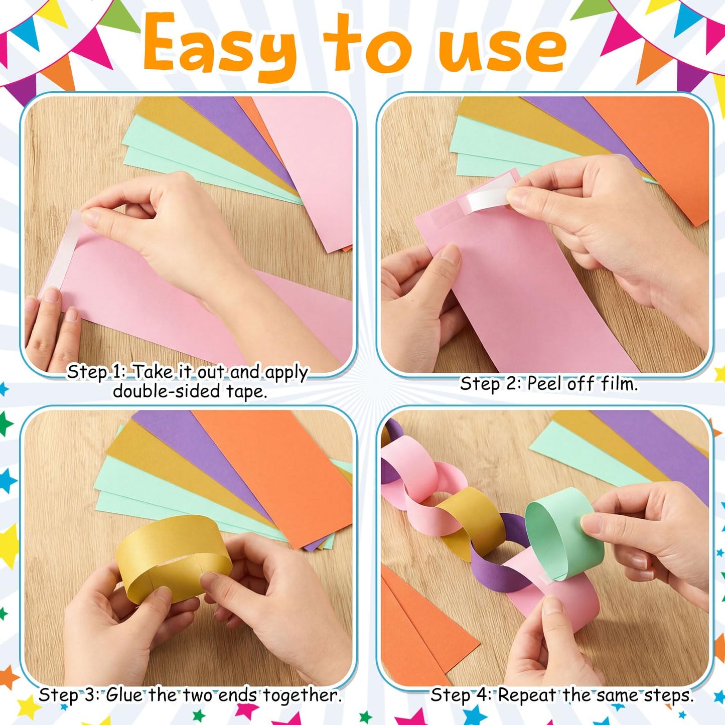 Maitys 500 Sheets Paper Chain Strips and Mirror Star Garland 13 Feet Paper Crafts Banner with Double Sided Tape for Crafting Birthday Wedding Festival Theme Party Decor (Groovy,0.79 x 8.27 Inches)