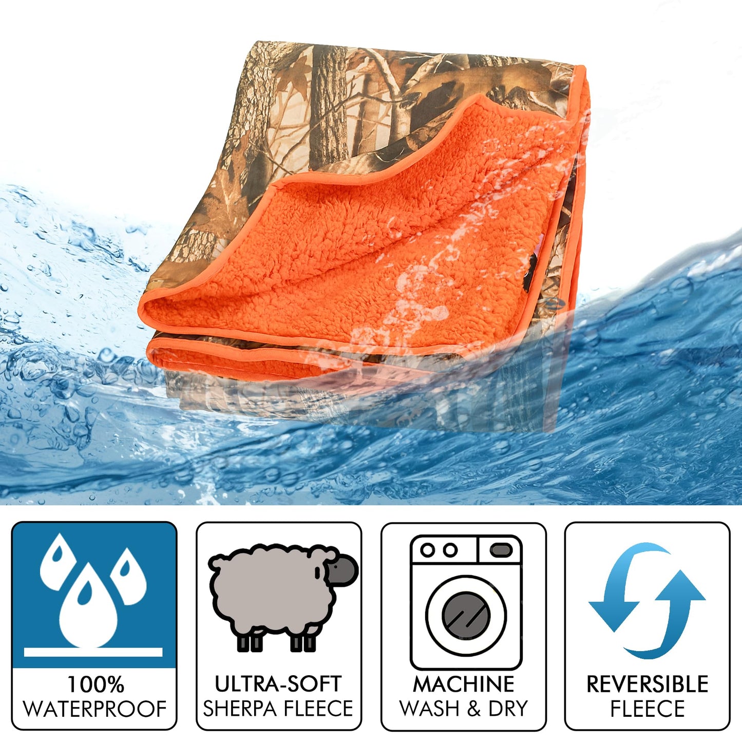 Tirrinia Waterproof Outdoor Blanket with Sherpa Lining, Windproof Triple Layers Warm Comfy Foldable for Camping Stadium, Sports, Picnic, Grass, Travel, Camo Orange Emergency Car Blanket 51''X 59''