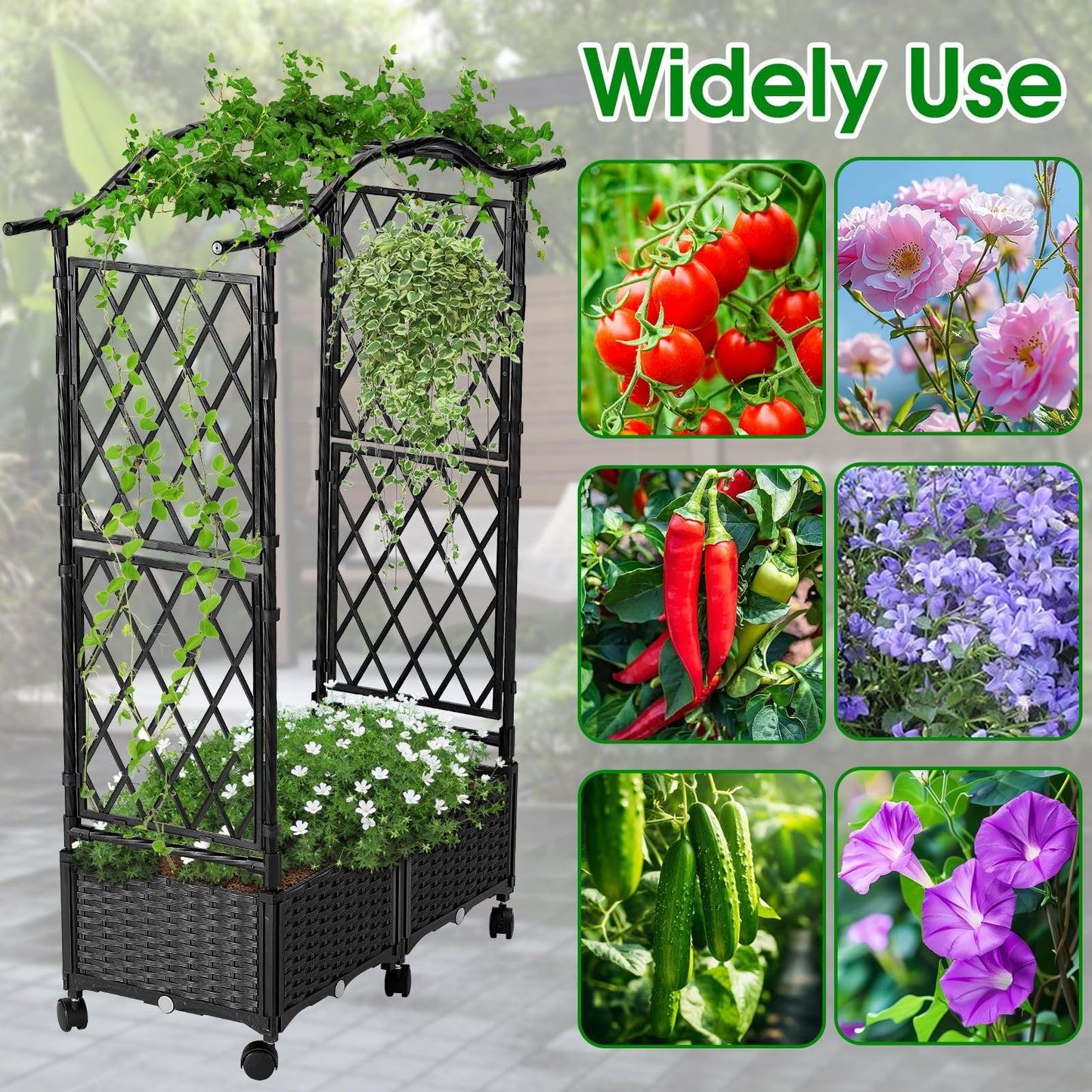 yotoworth Planter Box with Trellis Outdoor, Plastic Raised Garden Bed Trellis Planter Box with Wheels and Drainage Hole for Patio Balcony Backyard Indoor Flower Vegetable Tomato, Black