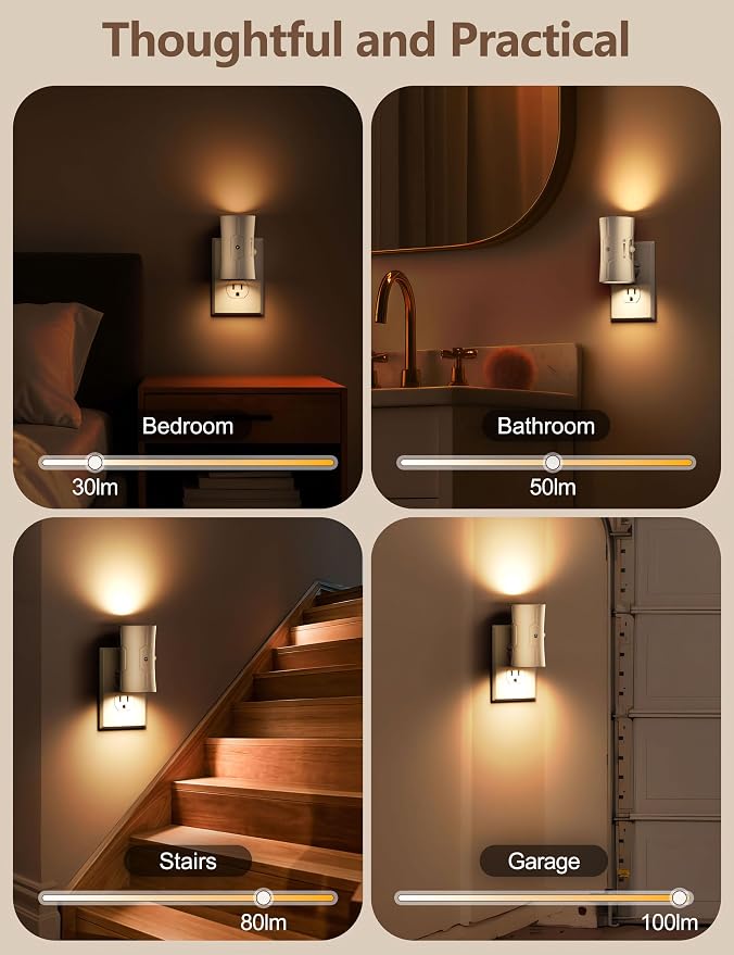 fesnne Night Light, LED Night Lights Plug into Wall, [2 Pack] Warm White 3000K, 0-100LM Adjustable Brightness Light Sensor Nightlights Plug in wall for Hallway, Bathroom, Adults, Neutral Beige