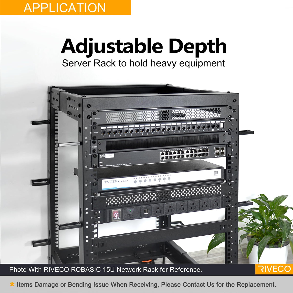 RIVECO 12U Server Rack Adjustable Depth Network 4 Post Cabinet Open Frame with Leveling Feet & Wheels Fully Rivets 1400 LBS