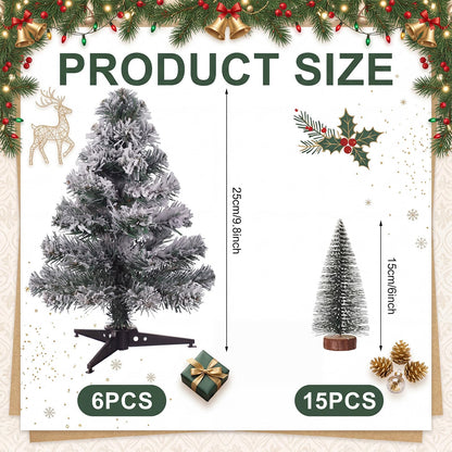 Sanwuta 21 Pcs Above The Cabinet Christmas Tree Decor 6 Flocked Snowy Trees 15 Mini Snowy Brush Trees Over The Cabinet Decorations Winter Xmas Tree for Mantel Bookshelf Table Indoor Kitchen Decor