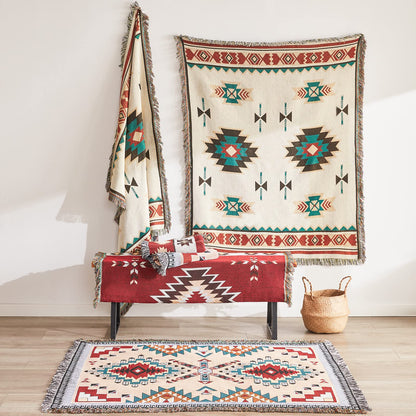Touchat Native American Blanket Western Decor Boho Throw Blanket for Sofa, Mexican Decorative Farmhouse Blanket, Southwest Decor Woven Blankets, Aztec Throw Blankets with Tassel(Beige,50×60 inch)