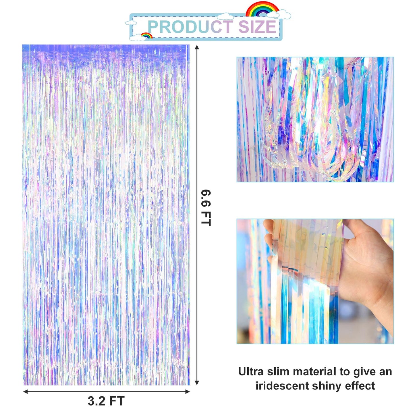 2 Packs 3.2ft x 6.6ft Iridescent Metallic Tinsel Foil Fringe Curtains Photo Booth Props for Birthday Engagement Bridal Shower Baby Shower Bachelorette Mermaid Frozen Sea Party Decorations