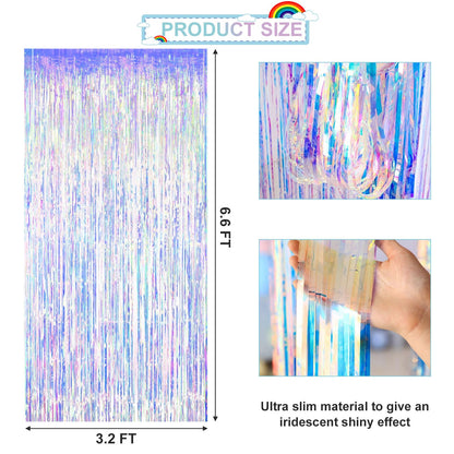 2 Packs 3.2ft x 6.6ft Iridescent Metallic Tinsel Foil Fringe Curtains Photo Booth Props for Birthday Engagement Bridal Shower Baby Shower Bachelorette Mermaid Frozen Sea Party Decorations