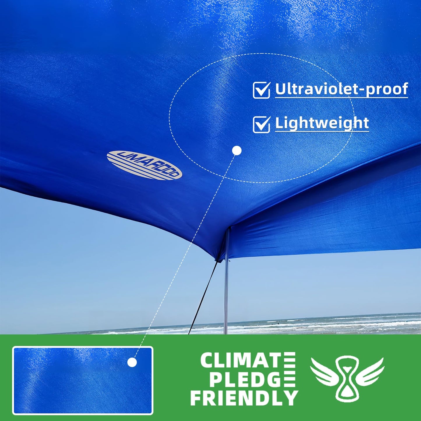 UMARDOO Family Beach Tent Canopy Sun Shade Portable 10×10FT, Large Wind Resistance Beach Sun Shelter Easy Setup with Packable Carry Bag for Outdoor Travel UPF 50+ (Blue)