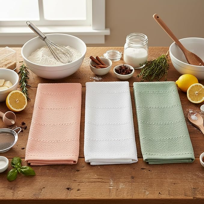 Sage White Light Pink Kitchen Hand Dish Towels: Oversized 28" x 18", 100%