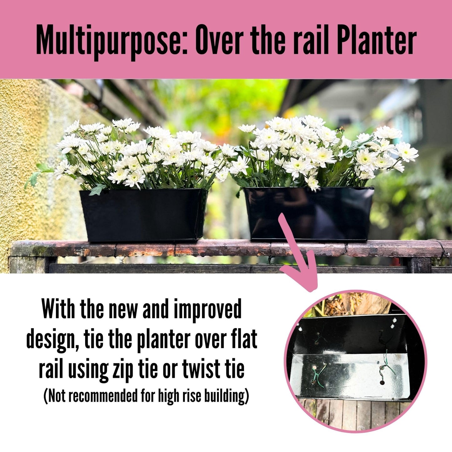 LaLaGreen Railing Planter Box (6 Pack, 12 Inch) Outdoor Black Metal Rectangle Strawberry Hanging Bucket Balcony Garden Fence Deck Flower Pots Boho Countryside Style Patio Living Wall Window Sill Decor