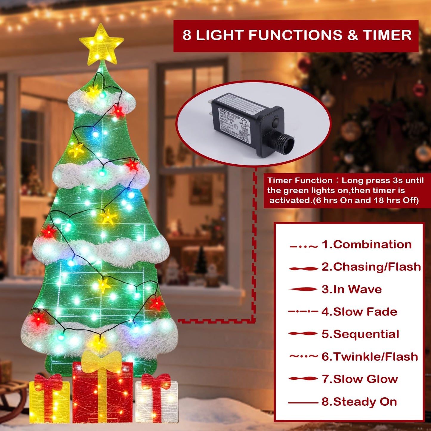 3ft 2D Christmas Tree Outdoor Decorations with 100 Twinkling LED Lights, 8 Light Modes, Large Holiday Yard Ornament for Patio, Lawn, Home（Sphere+Star）