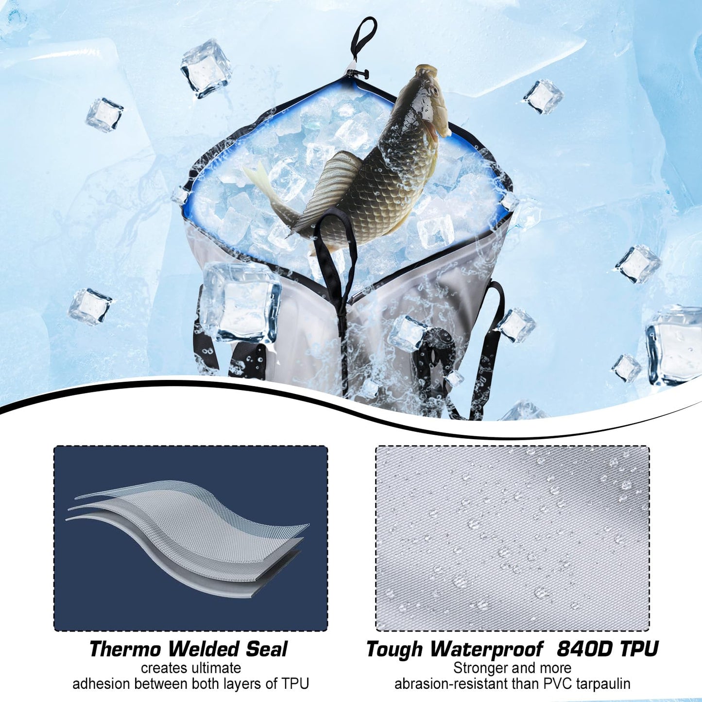 Goture Insulated Fish Cooler Bag, 840D TPU Leakproof Fish Kill Bag with Airtight Zipper, Large Waterproof Fishing Cooler Bag with Carry Handle, Drain Plug, Keep Ice Cold All Day, 59.8inx20in