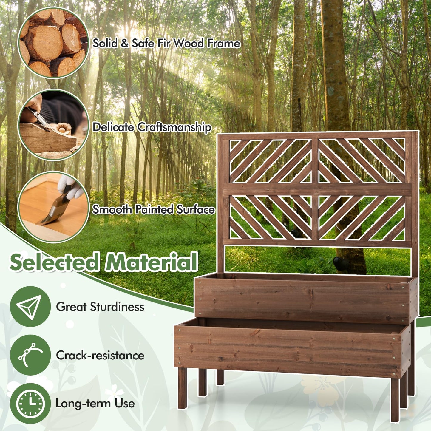 Toolsempire Raised Garden Bed with Trellis & 2 Planter Boxes, 2-Tier Outdoor Wooden Elevated Planter Box with Legs & Drainage Holes, Gardening Planters for Flowers, Herbs, Vegetables & Fruits(Brown)
