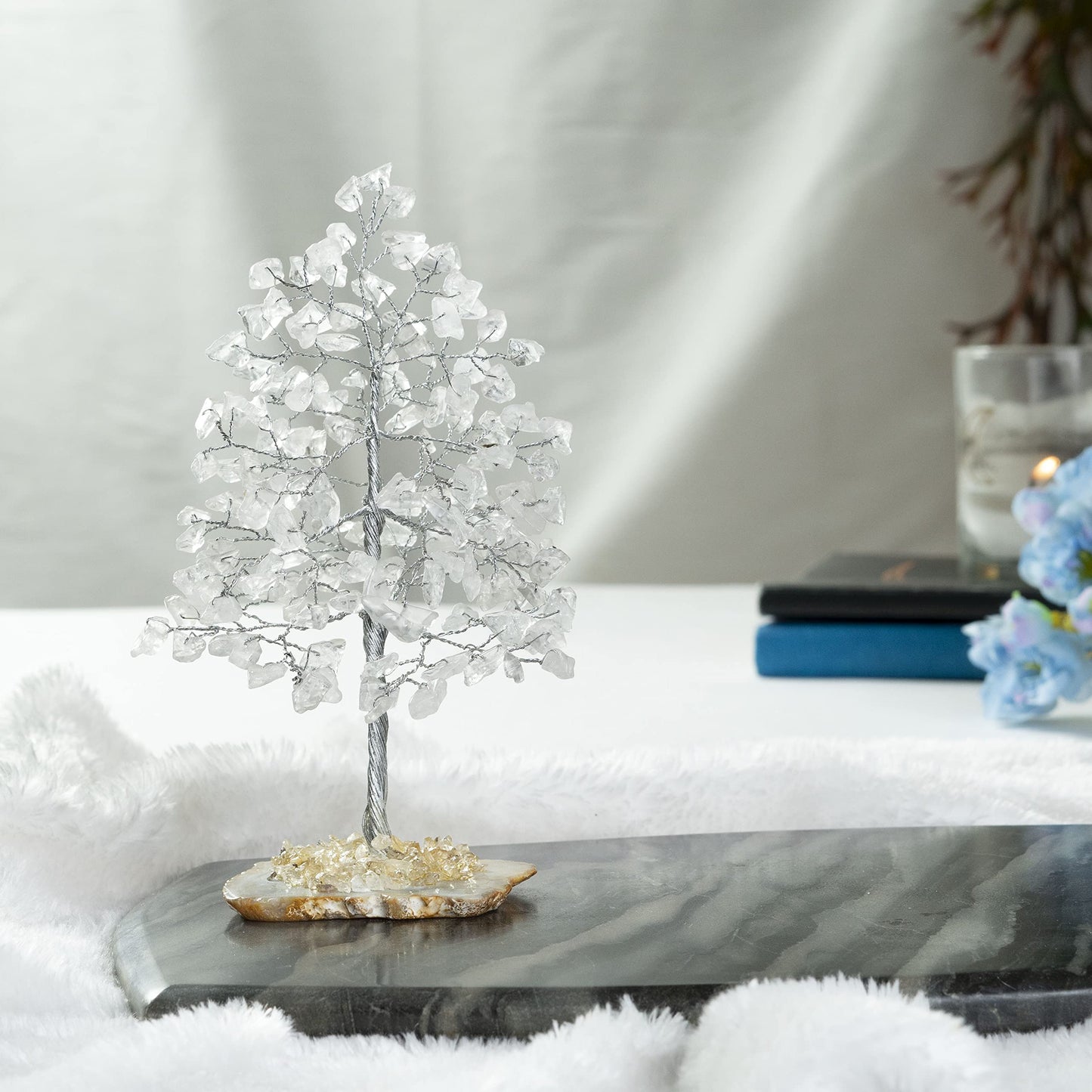 Crocon® Clear Quartz Crystal Wire Tree with Agate Slice Base - Home Decoration, Crystal Gifts, Birthday Gifts for Women & Men, Wedding, Anniversary, House Warming Gift for Her, Mum, Sister & Grandma
