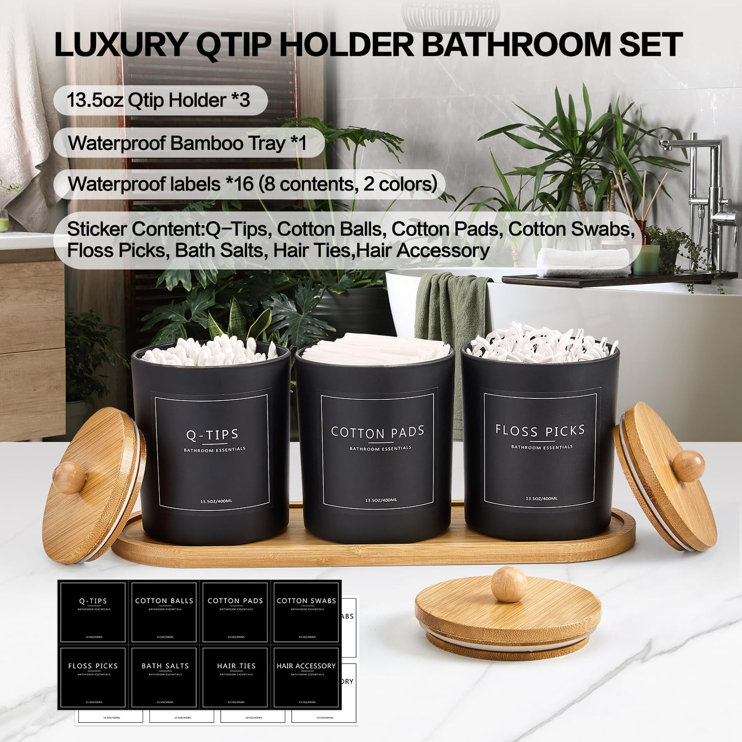 3 Pack Qtip Holder Bathroom Set with Tray,13.5oz Cotton Round Ball Pad Holder Cotton Swab Floss Pick Dispenser,Bathroom Organizers and Storage Container,Glass Apothecary Jars Canisters with Lids-Black