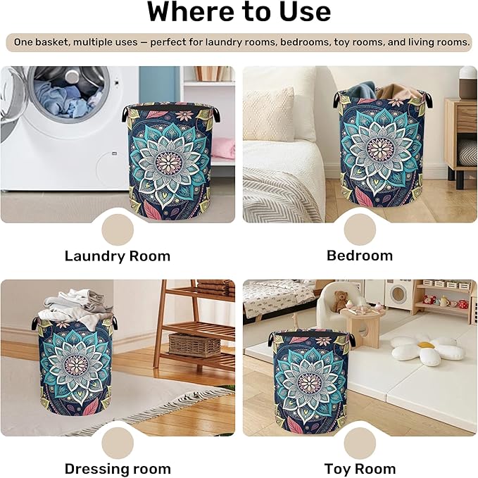 Bohemian Blue Flowers Laundry Basket, Dirty Clothes Basket, Water Resistant