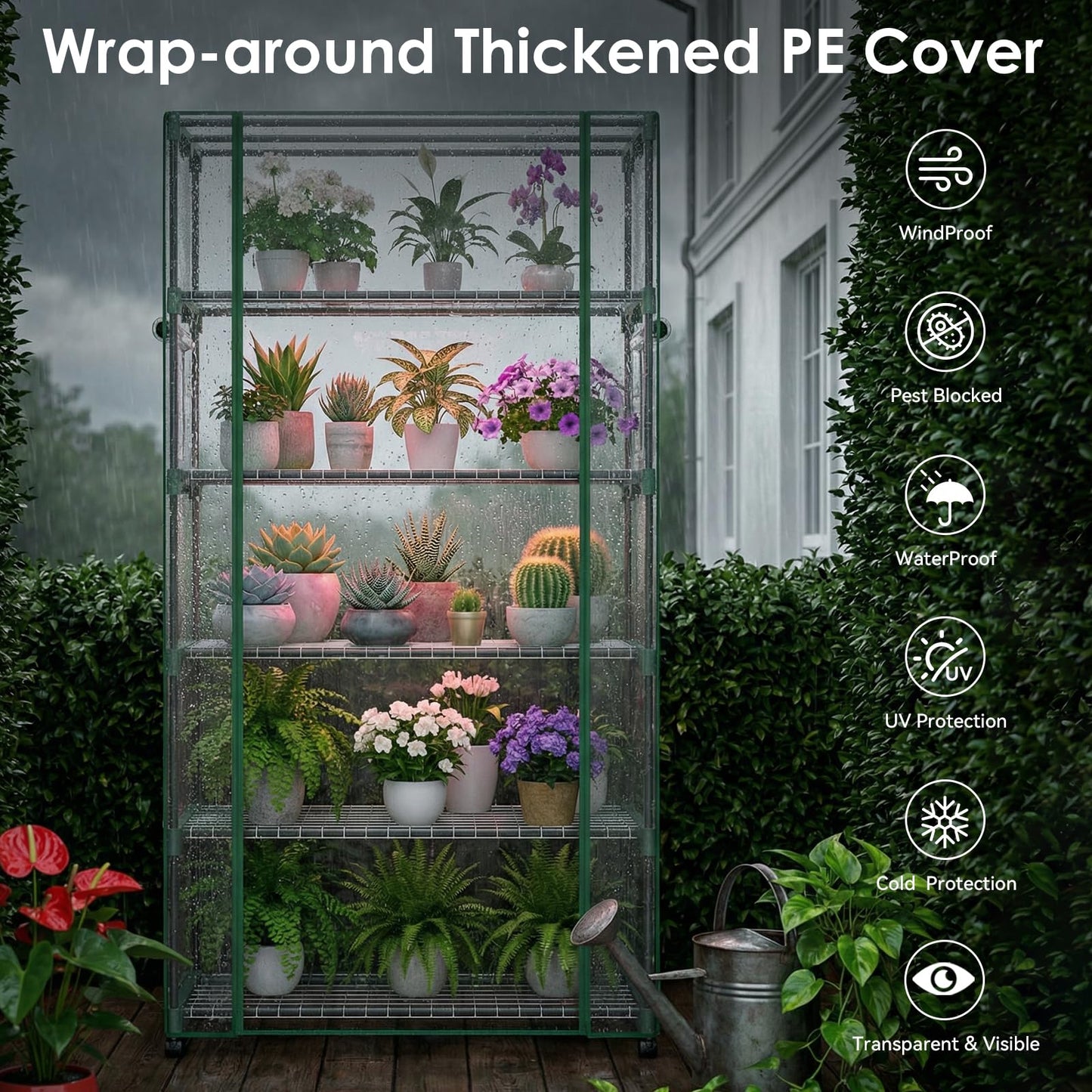 5 Tier Indoor Greenhouse with Grow Lights & Wheels & 2 Ventilation Windows , 36"x19"x70" Portable Green House Cabinet Kit with 5 Shelves Transparent PE Cover