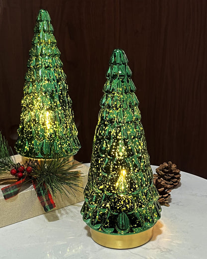 SHMILMH Mercury Glass Christmas Tree Green, Tabletop Christmas Tree with Light, Battery Operated Mini Xmas Tree for Fireplace Centerpiece Decorations 10", Set of 2