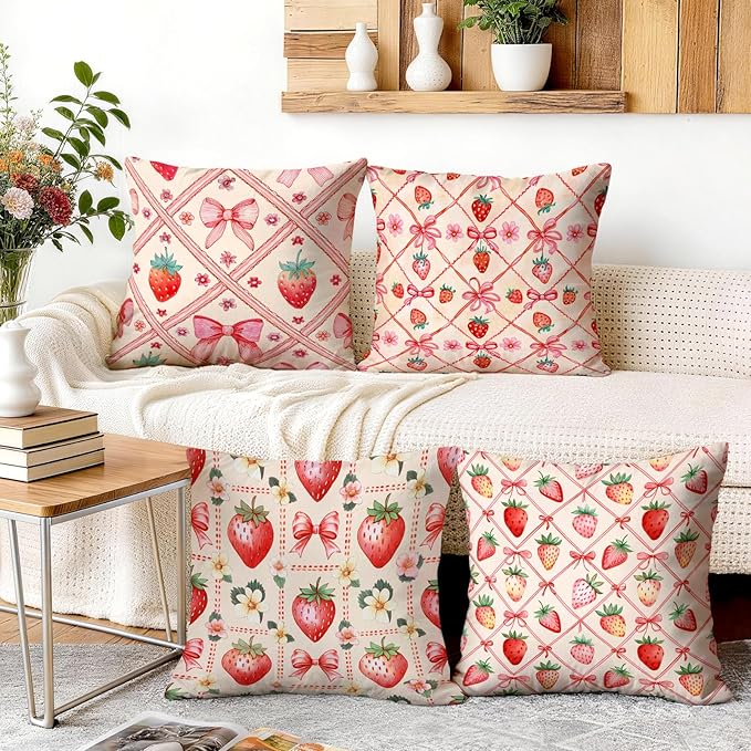 OBSEDE Pink Bow Strawberry Throw Pillow Covers 18 × 18 in, Couch Cushion Cases