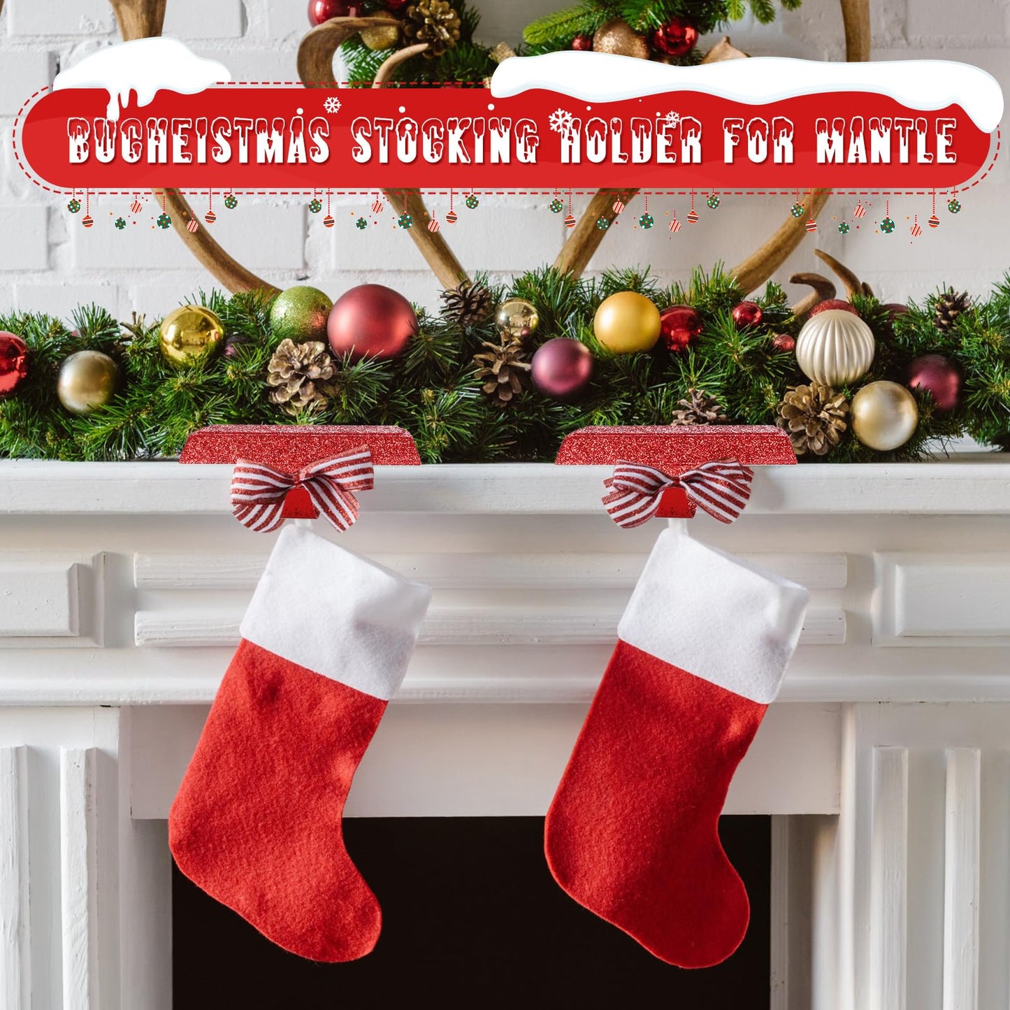 Huwena Metal Christmas Stocking Holders Shiny Mantel Heavy Duty Stocking Hooks Glitter Hanging Hangers Christmas Ornaments for Fireplace Window Mantle Table Decoration(Stylish,Red,4 Pcs)